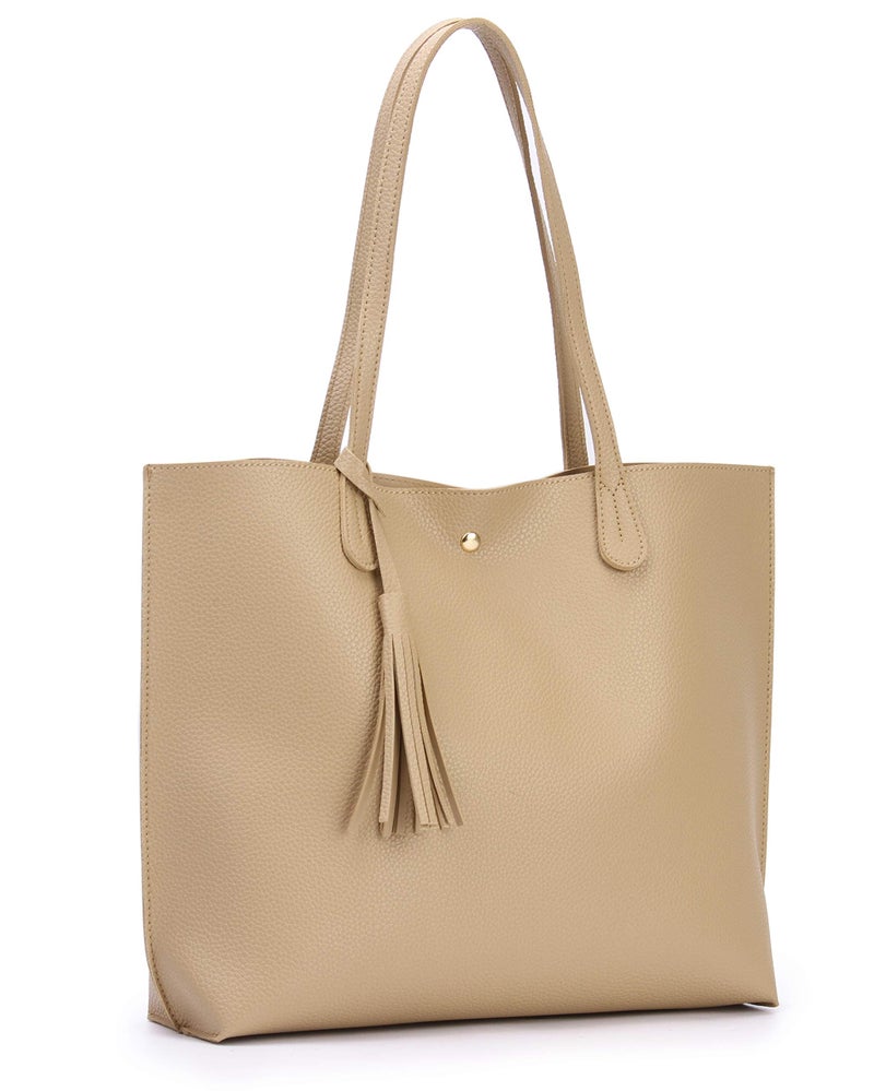Hoxis Minimalist Clean Cut Pebbled Faux Leather Tote Womens Shoulder Handbag (New Beige) - Image 2
